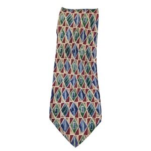 Vintage Atlas 100%‎ Silk Necktie geometric diamond pattern red blue green beige